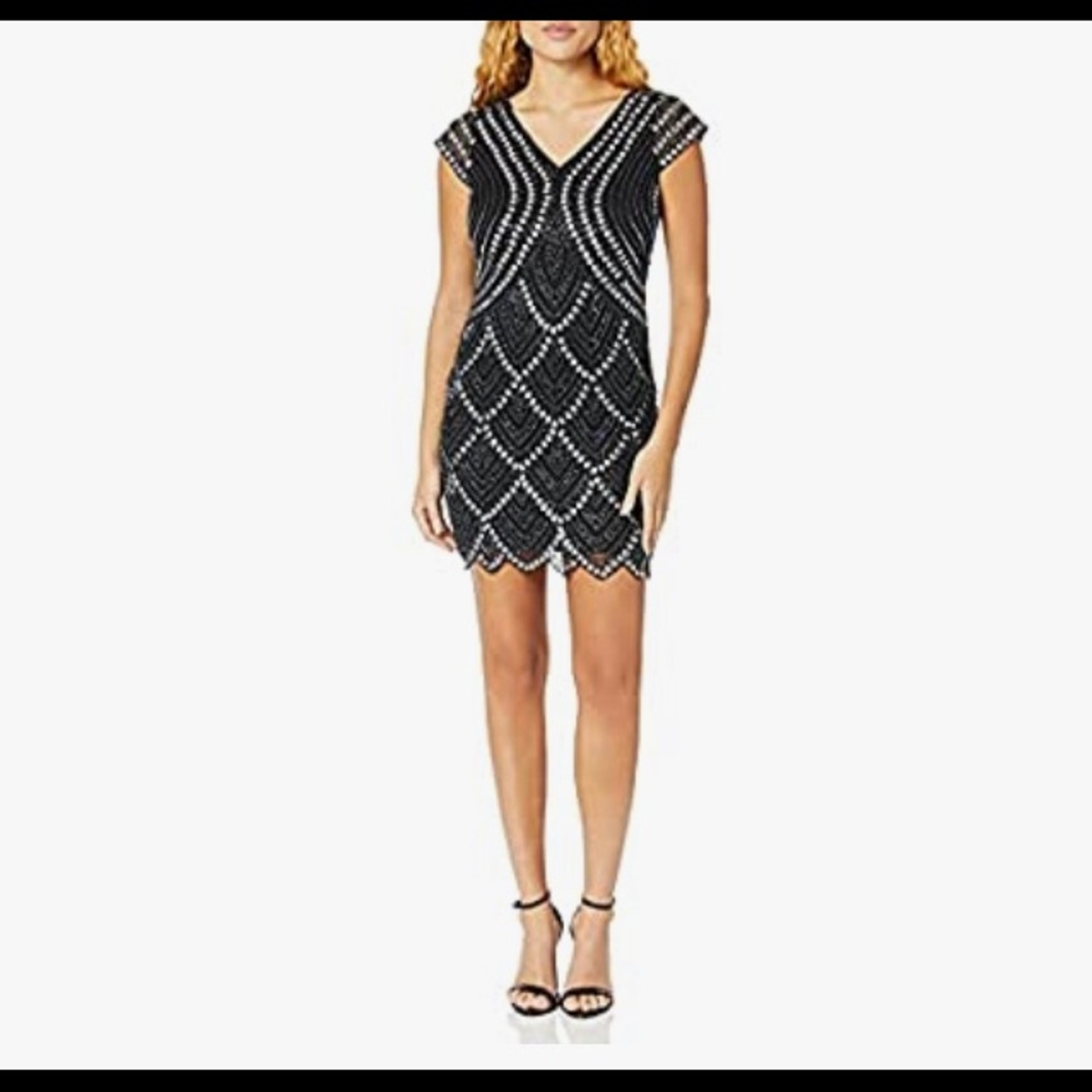 PISARRO NIGHTS black dress with metal nailhead design and a scalloped hem
